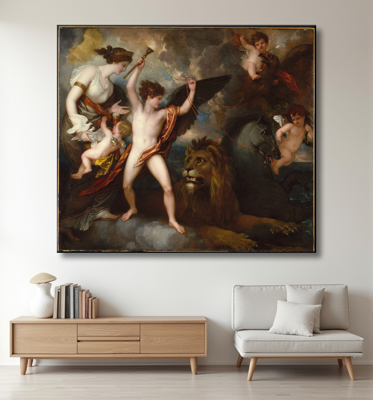 Reproduction Omnia Vincit Amor, ou Le pouvoir de l'amour dans les trois éléments de Benjamin West avec decor