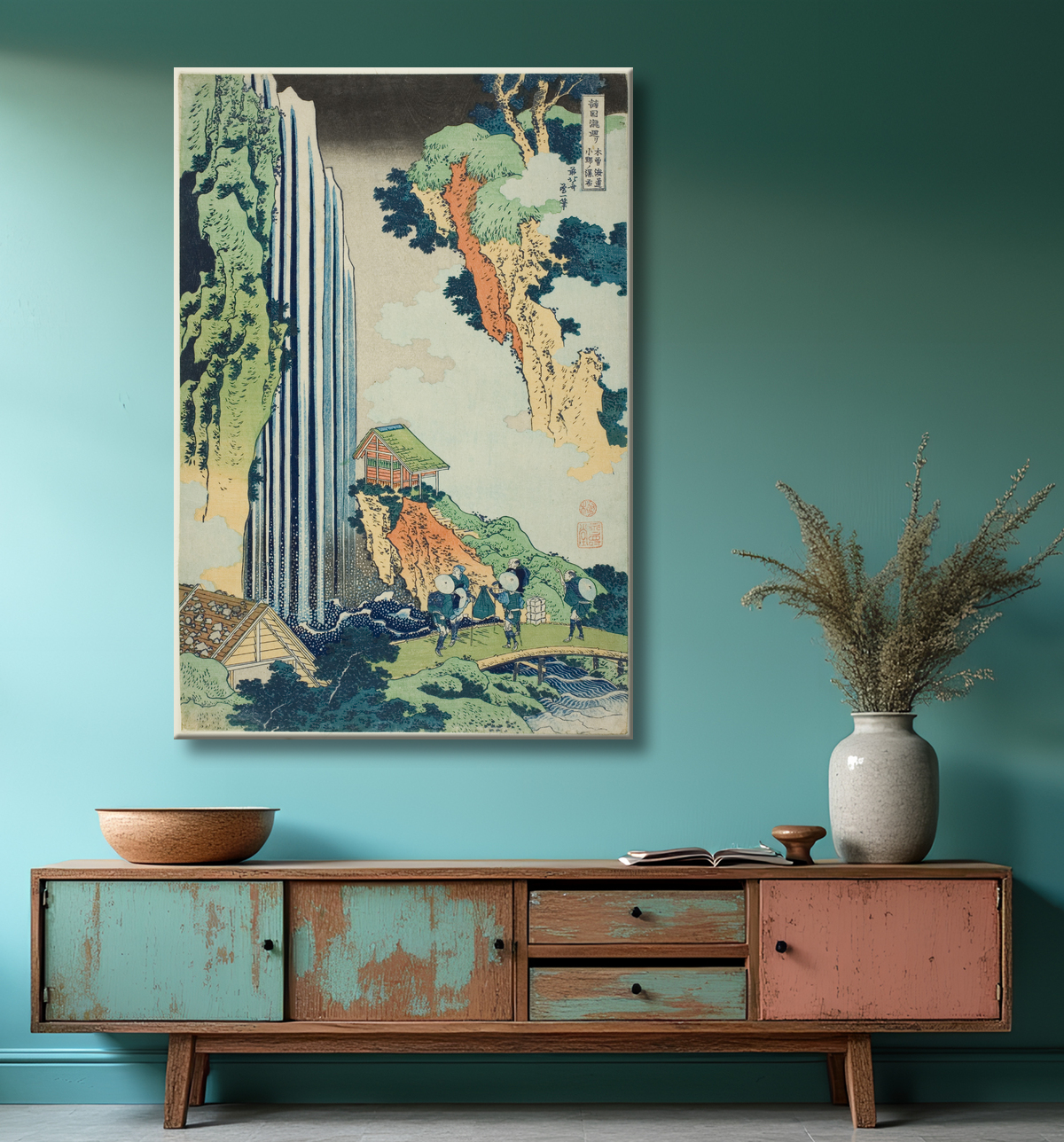 Reproduction Ono Falls sur le Kisokaido (Kisokaido Ono no bakufu), de la série "A Tour of Waterfalls in Various Provinces (Shokoku taki meguri)" de Katsushika Hokusai avec decor