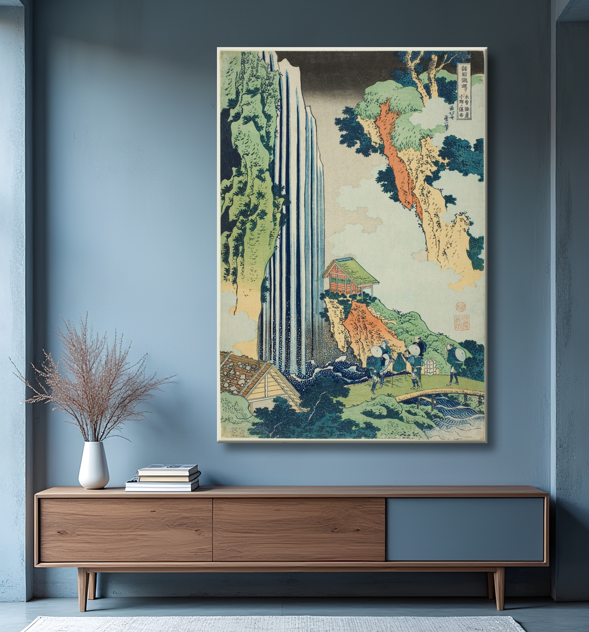 Reproduction Ono Falls sur le Kisokaido (Kisokaido Ono no bakufu), de la série "A Tour of Waterfalls in Various Provinces (Shokoku taki meguri)" de Katsushika Hokusai avec decor