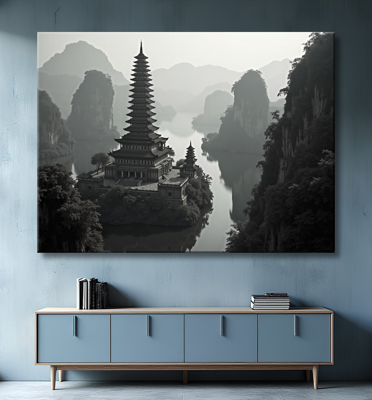 Pagode asiatique dans un paysage de montagnes avec decor