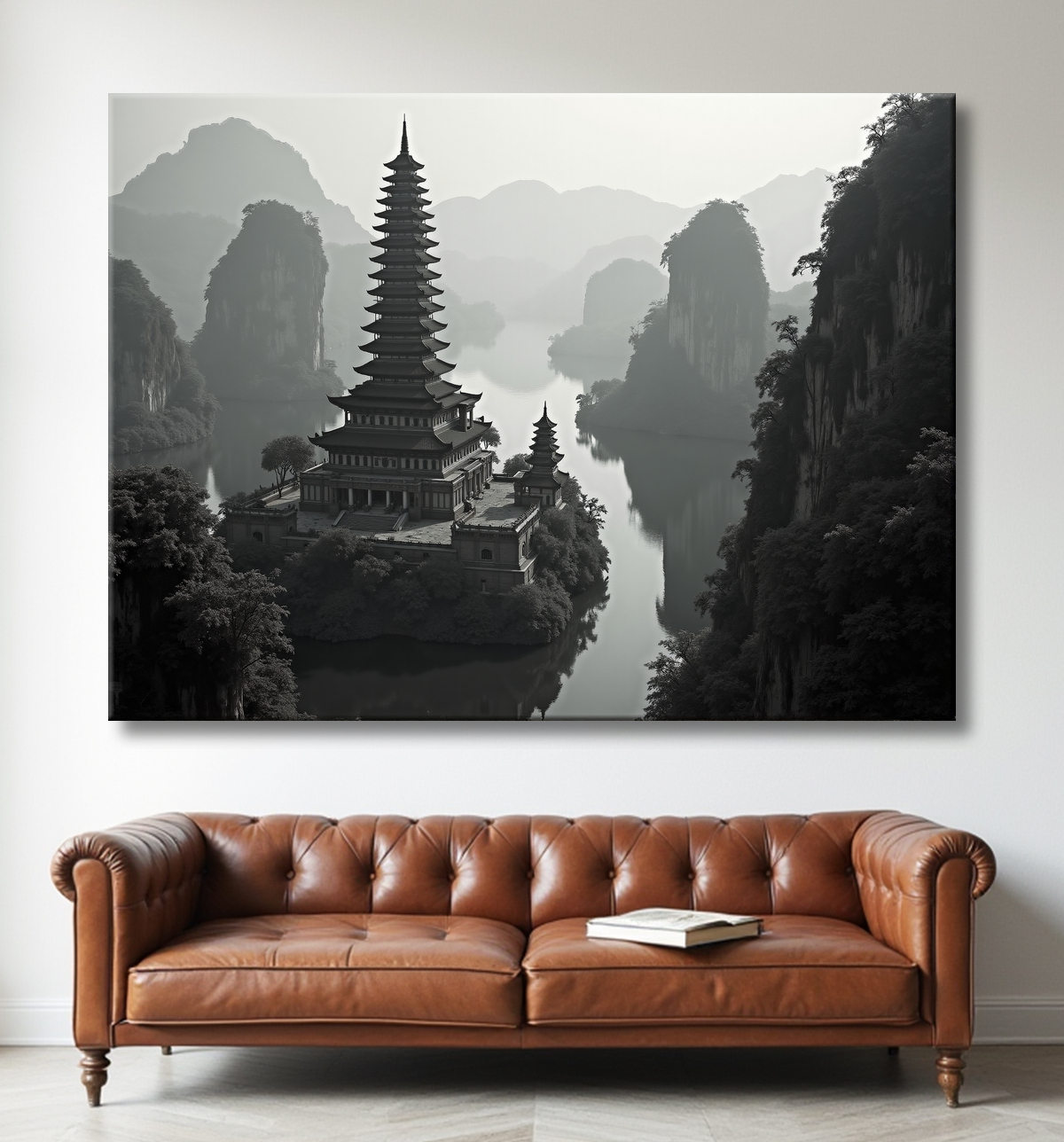 Pagode asiatique dans un paysage de montagnes avec decor