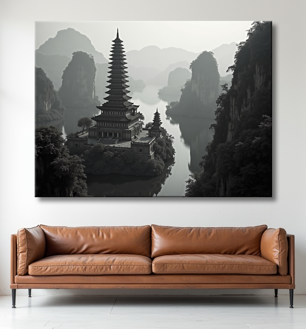 Pagode asiatique dans un paysage de montagnes avec decor
