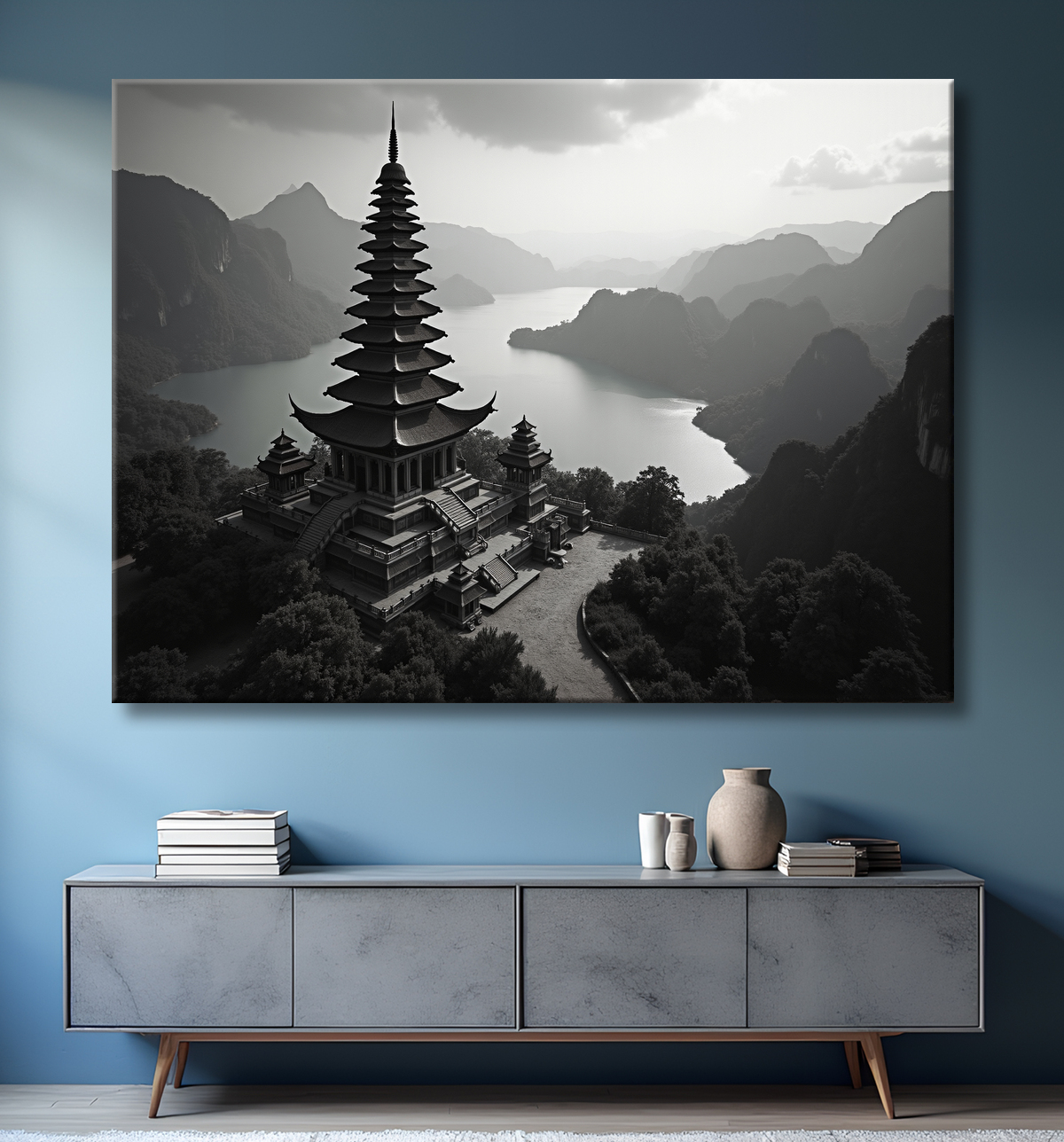 Pagode asiatique dans un paysage de montagnes avec decor