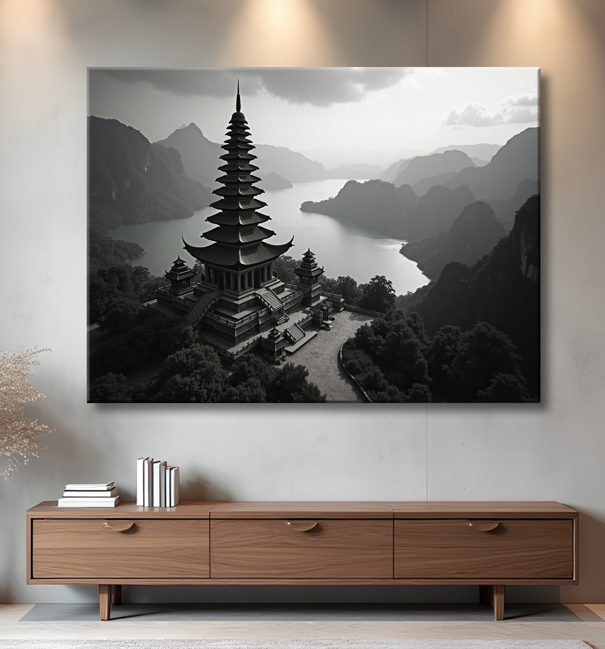 Pagode asiatique dans un paysage de montagnes avec decor