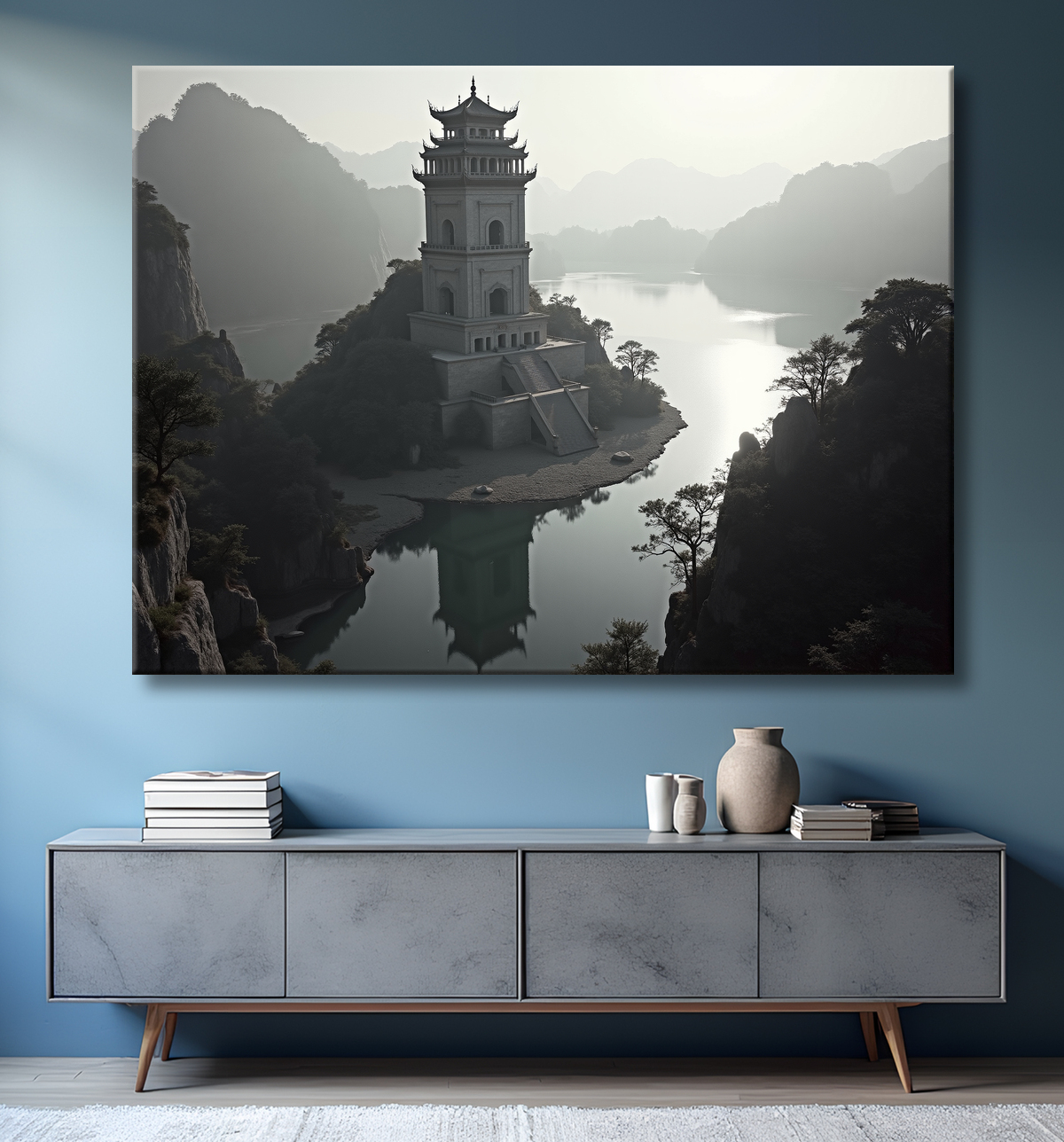 Pagode asiatique dans un paysage de montagnes avec decor