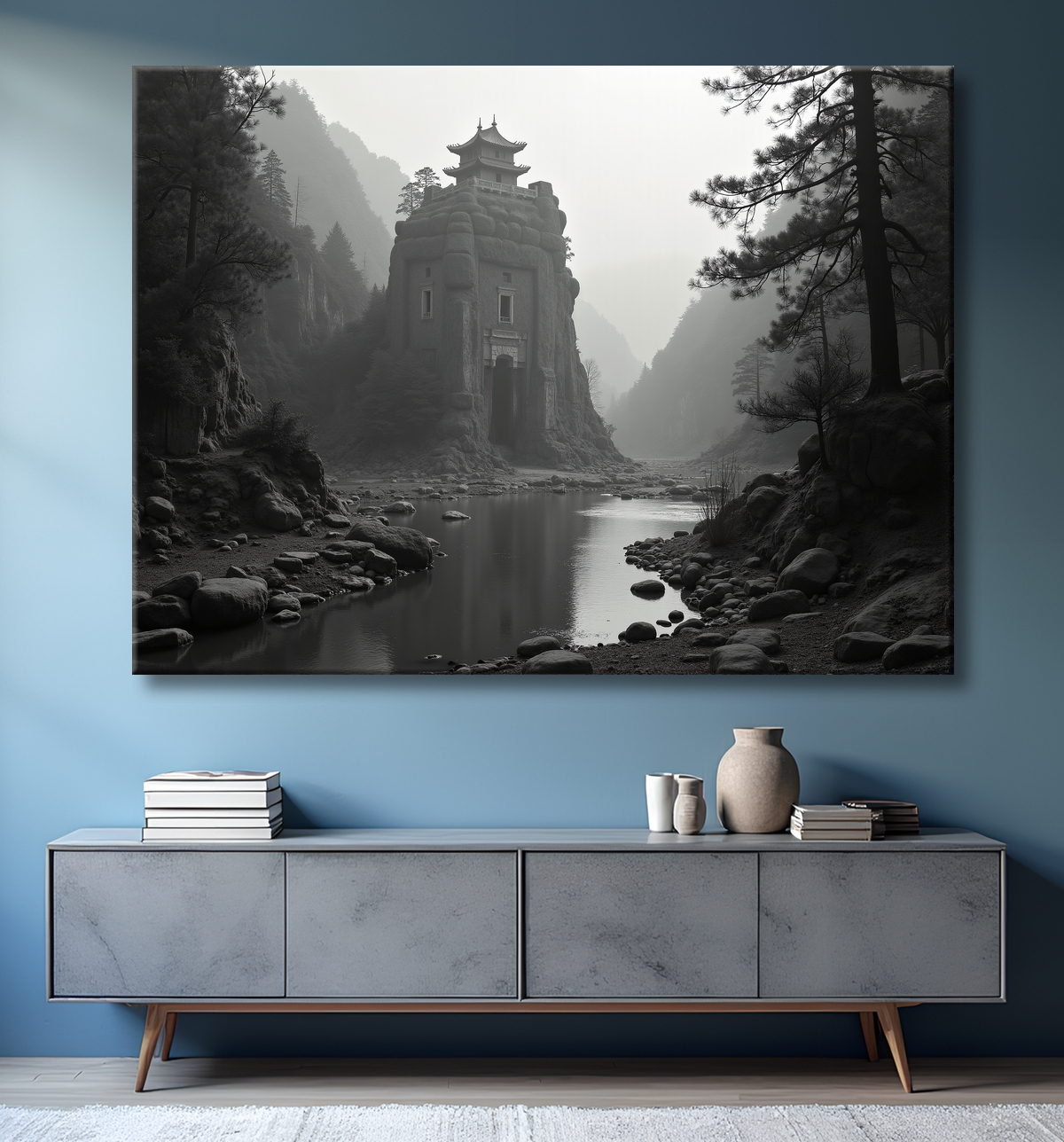 Pagode asiatique dans un paysage de montagnes avec decor