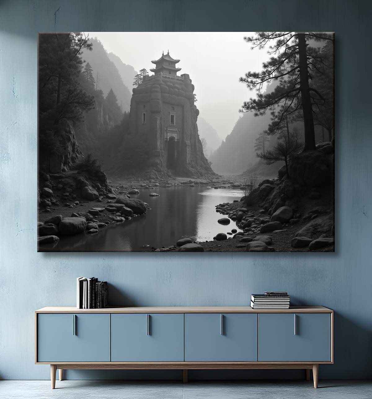 Pagode asiatique dans un paysage de montagnes avec decor