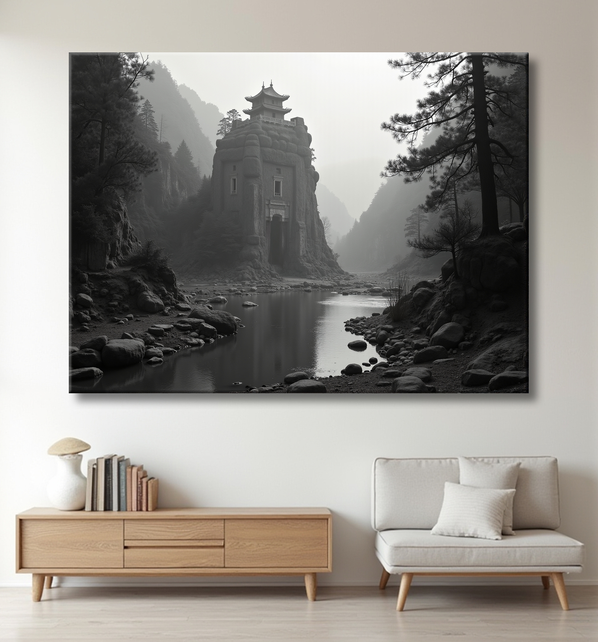 Pagode asiatique dans un paysage de montagnes avec decor