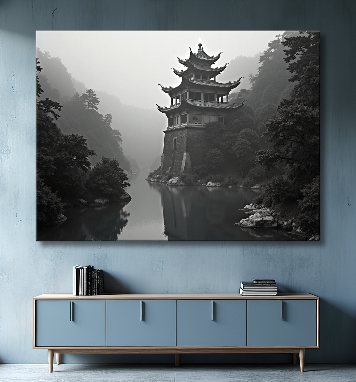 Pagode asiatique dans un paysage de montagnes avec decor