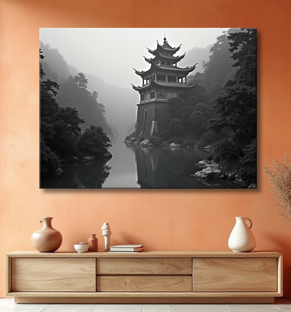 Pagode asiatique dans un paysage de montagnes avec decor