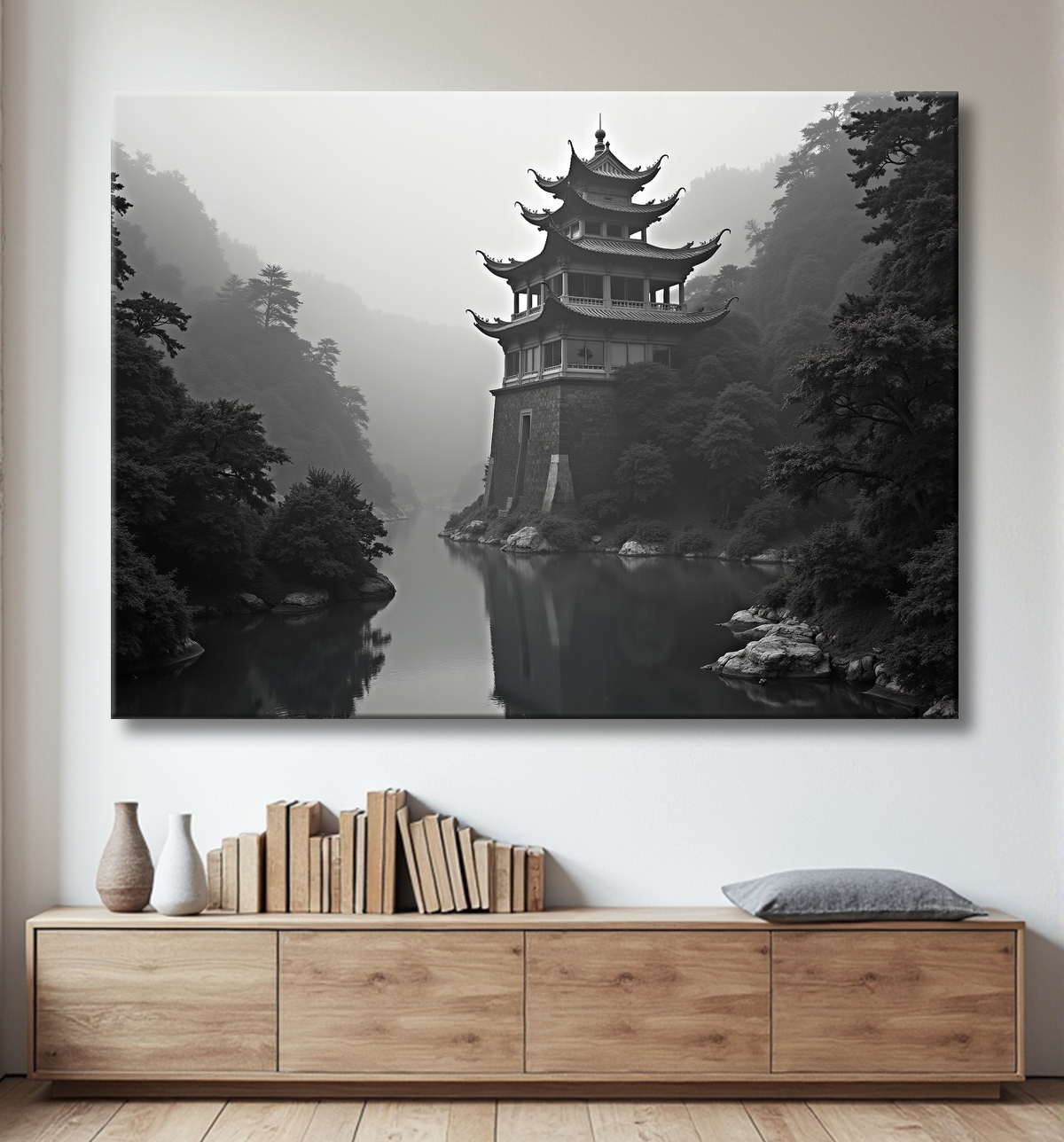 Pagode asiatique dans un paysage de montagnes avec decor