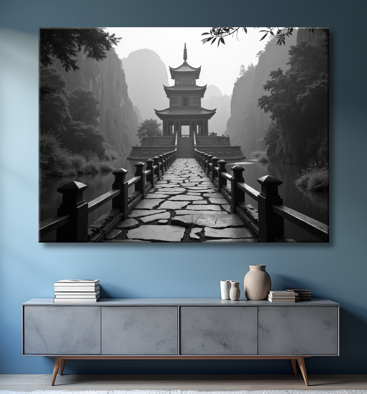 Pagode asiatique dans un paysage de montagnes avec decor