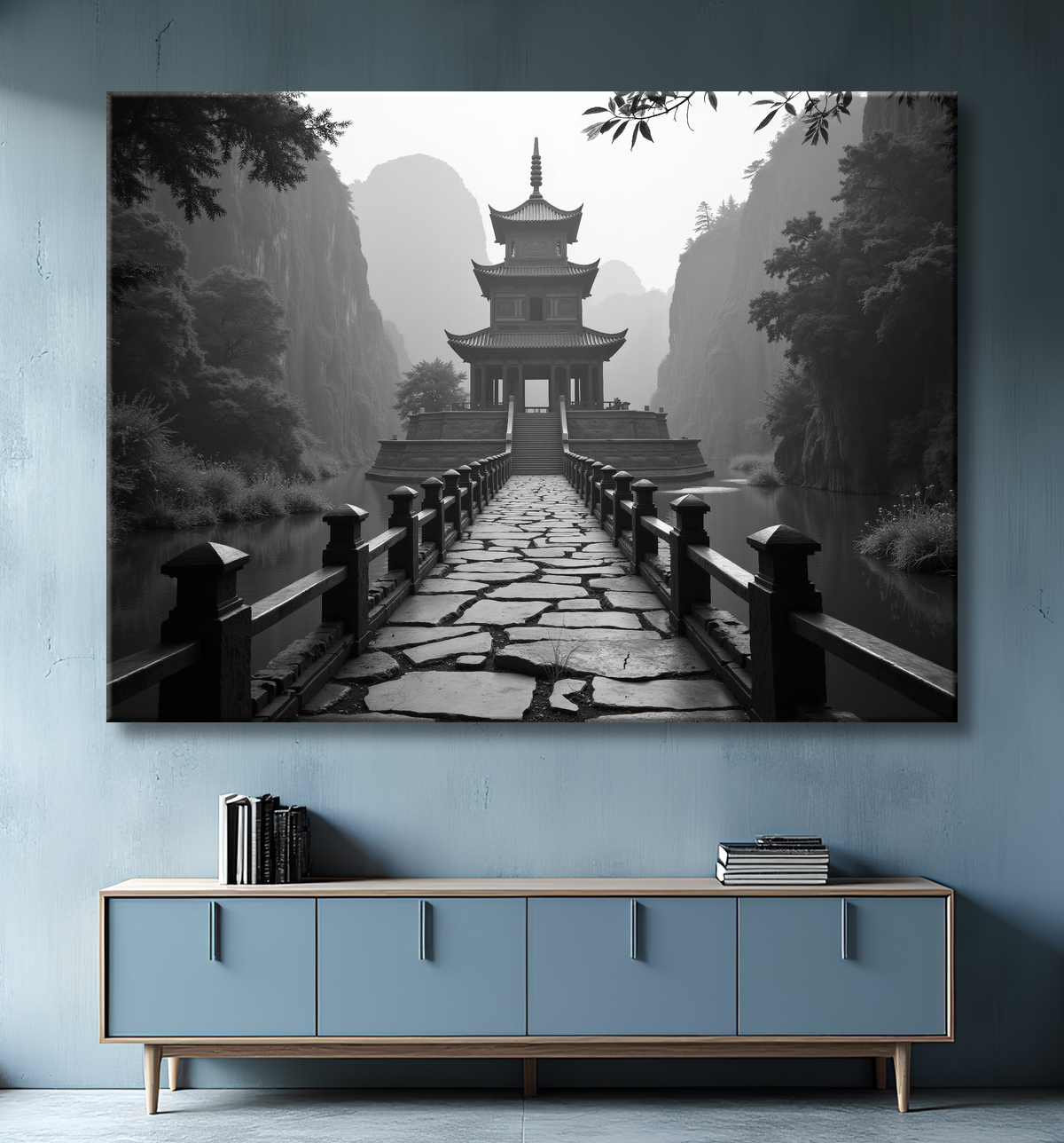 Pagode asiatique dans un paysage de montagnes avec decor