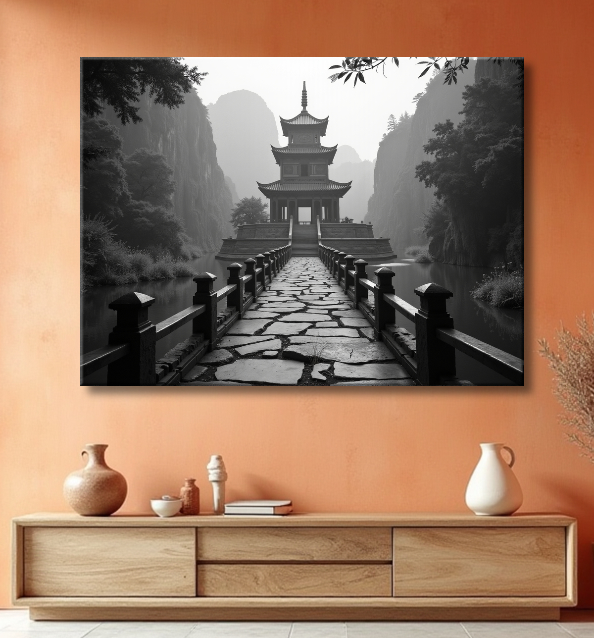 Pagode asiatique dans un paysage de montagnes avec decor