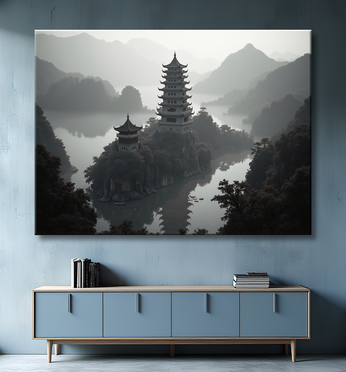 Pagode asiatique dans un paysage de montagnes avec decor