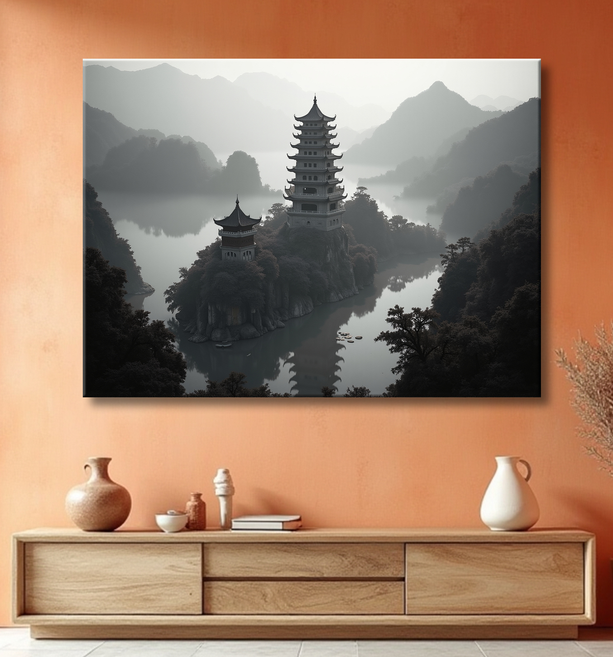 Pagode asiatique dans un paysage de montagnes avec decor