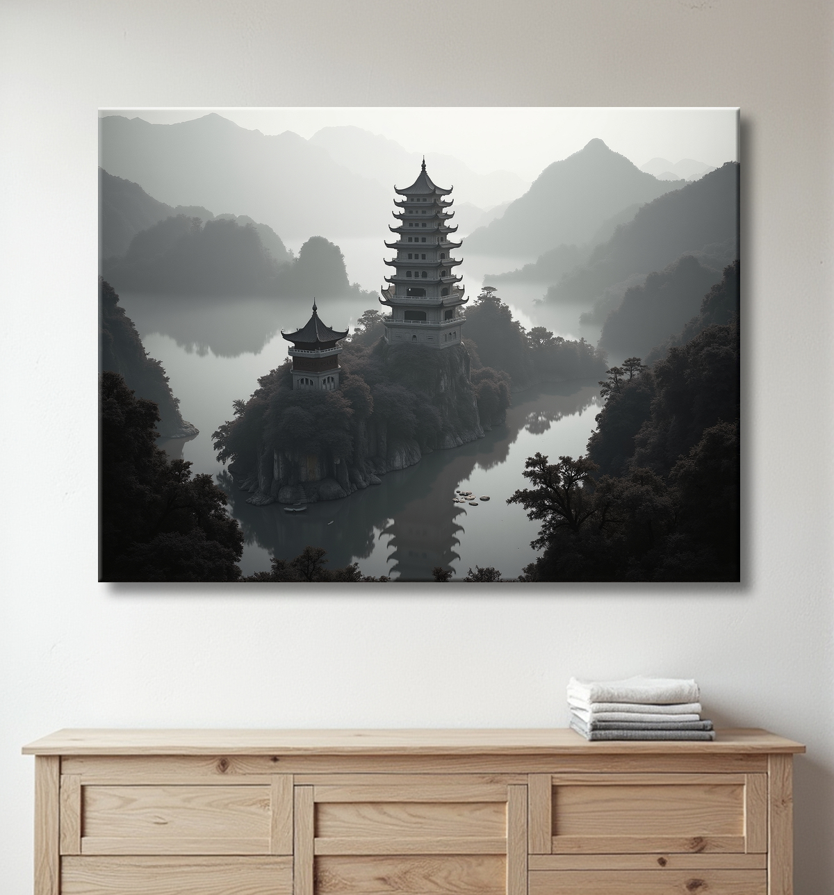 Pagode asiatique dans un paysage de montagnes avec decor