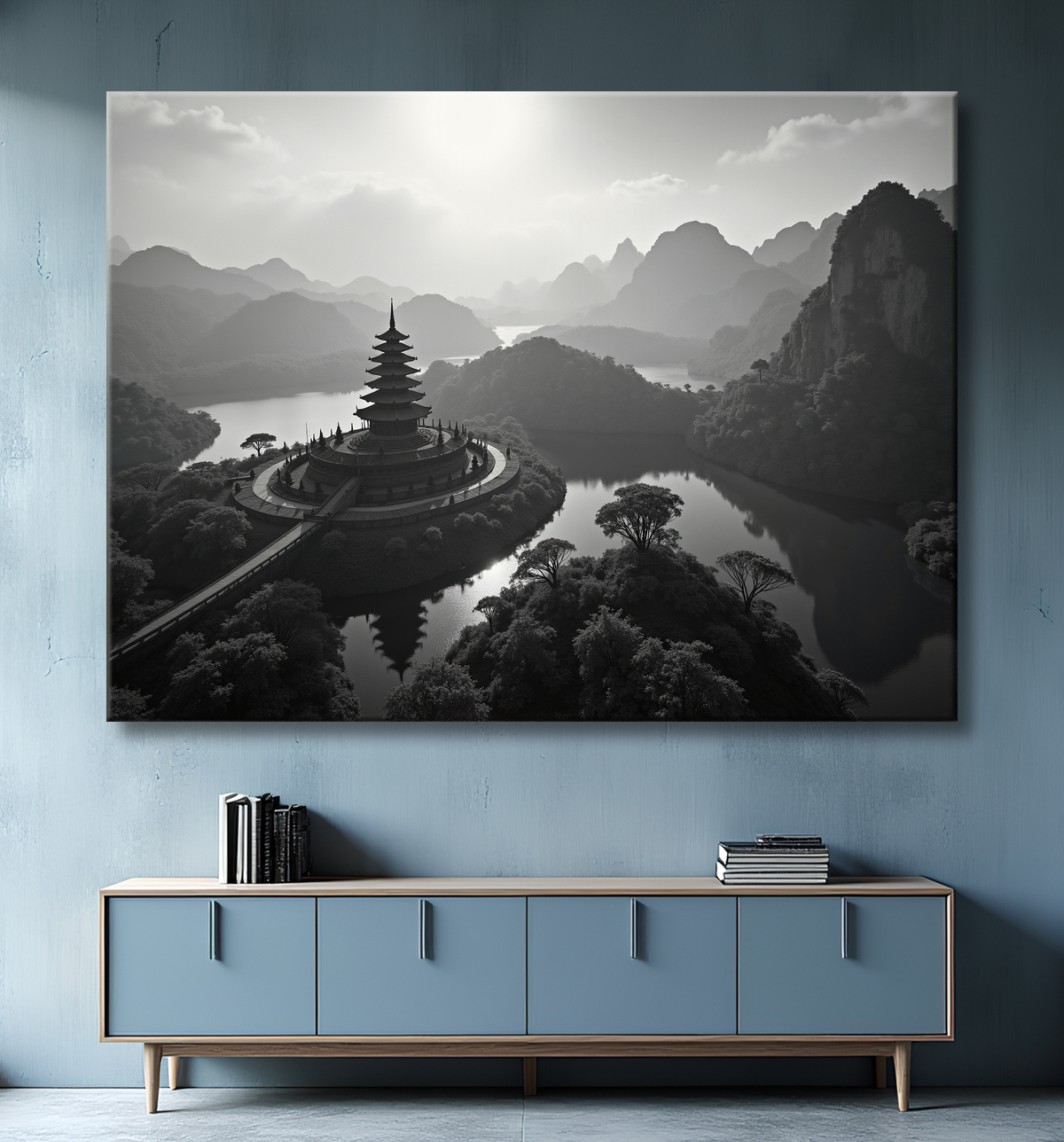 Pagode asiatique dans un paysage de montagnes avec decor