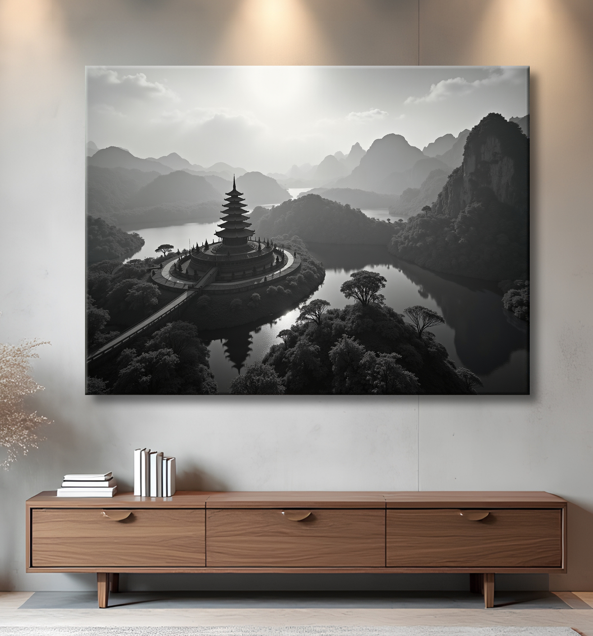 Pagode asiatique dans un paysage de montagnes avec decor