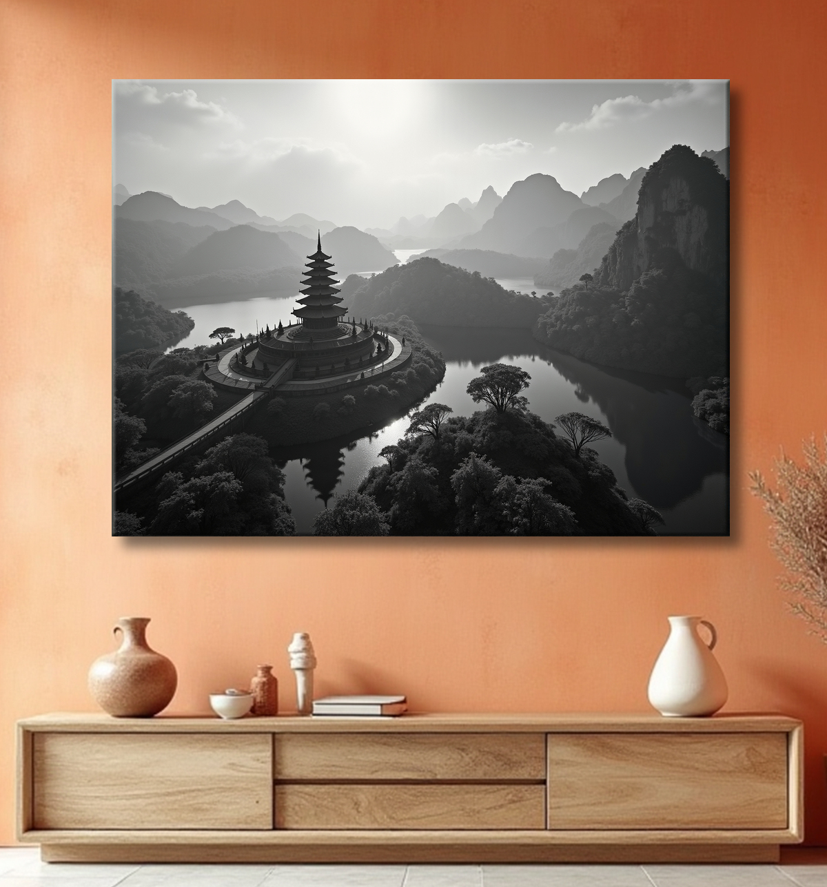 Pagode asiatique dans un paysage de montagnes avec decor