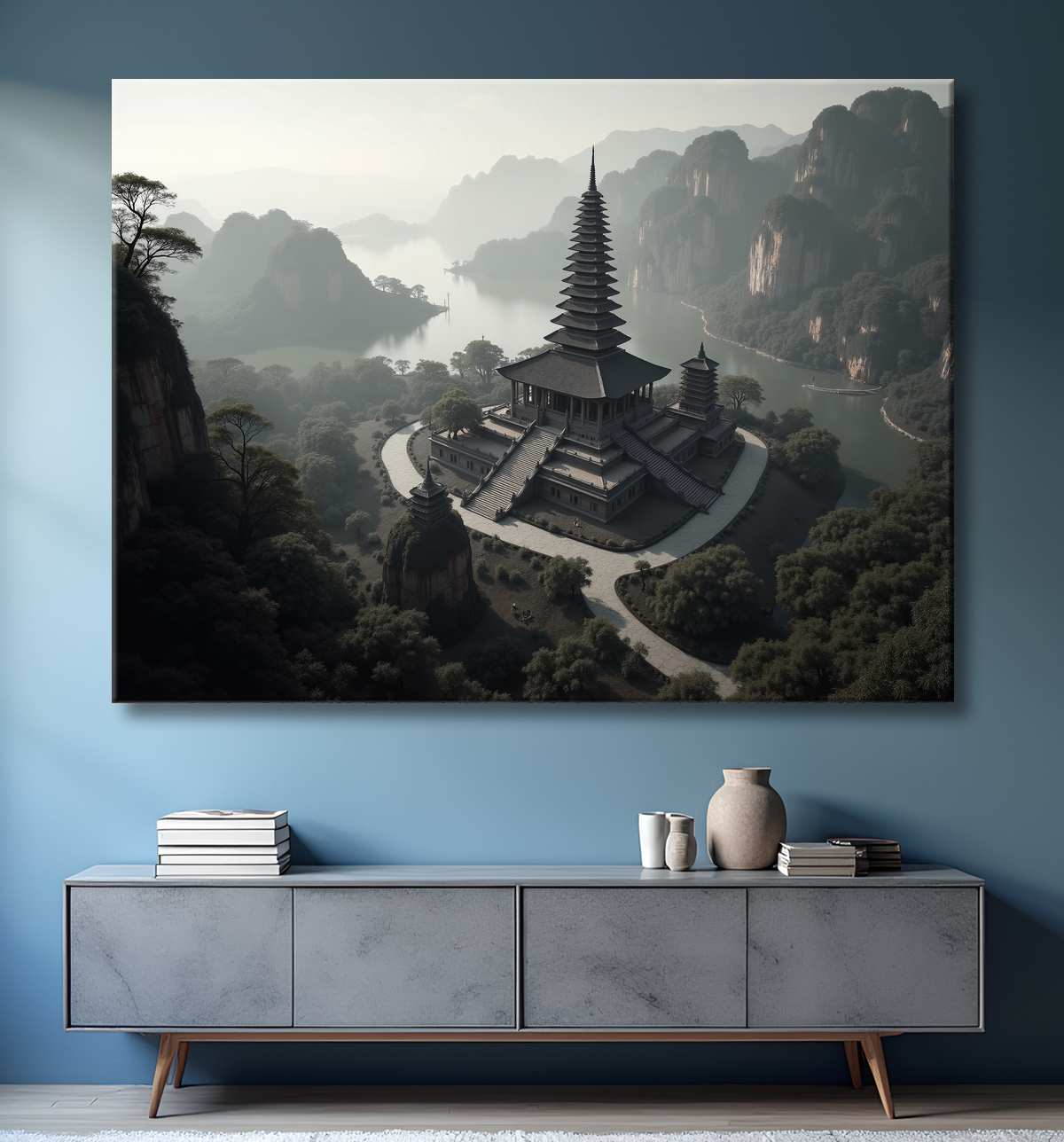 Pagode asiatique dans un paysage de montagnes avec decor