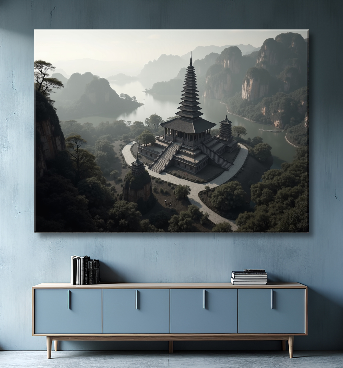 Pagode asiatique dans un paysage de montagnes avec decor