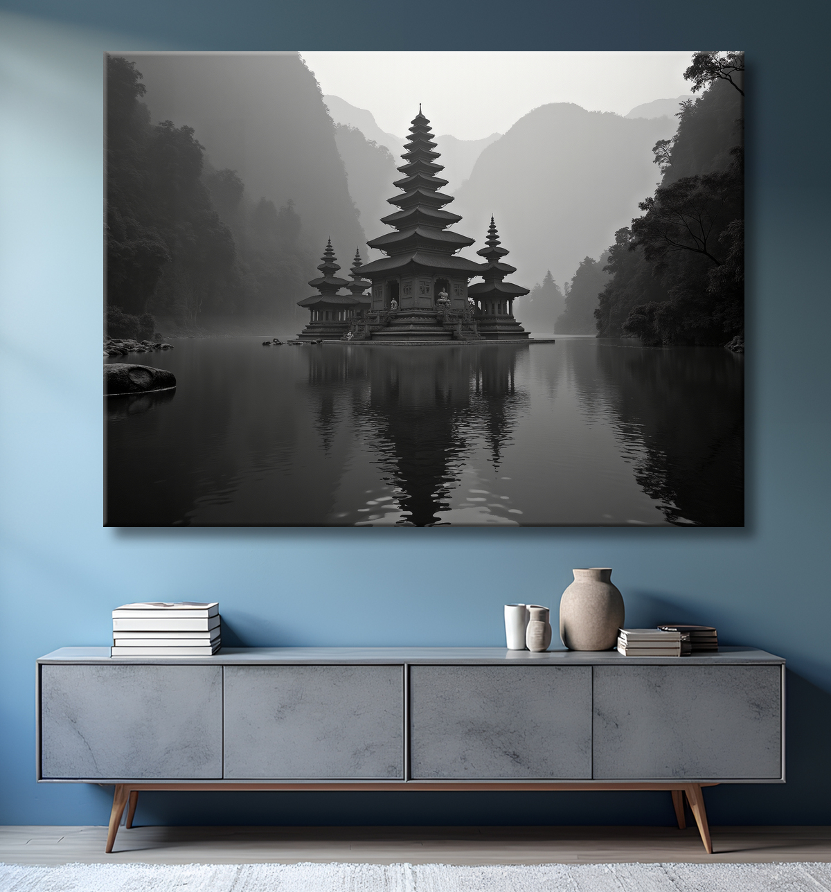 Pagode asiatique dans un paysage de montagnes avec decor