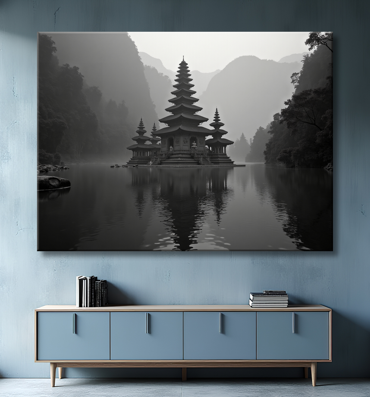 Tableau paysager noir et blanc d'une pagode asiatique dans un paysage brumeux, fantastique et intriguant. Impression d'art réalisée en France.