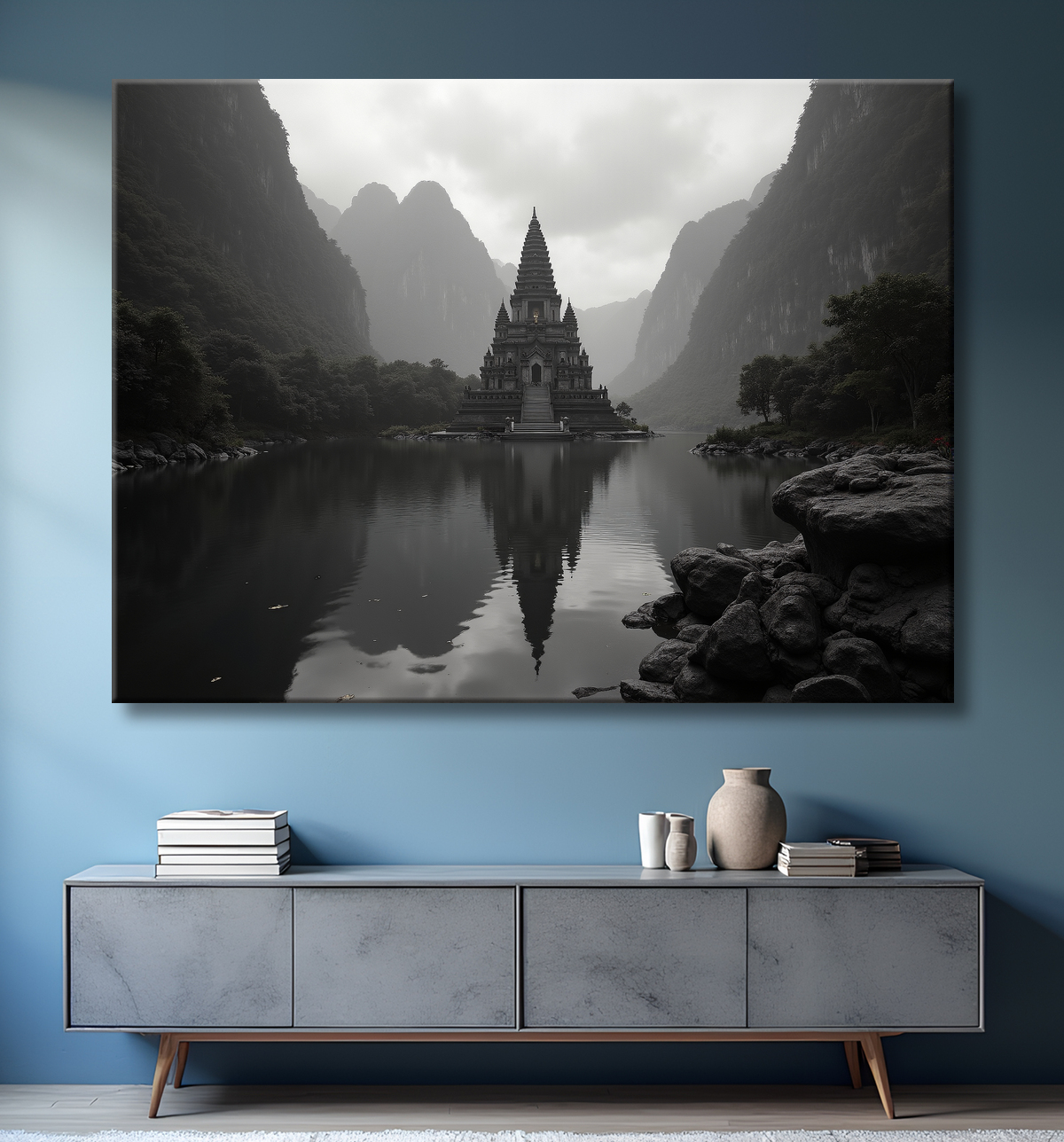 Pagode asiatique dans un paysage de montagnes avec decor