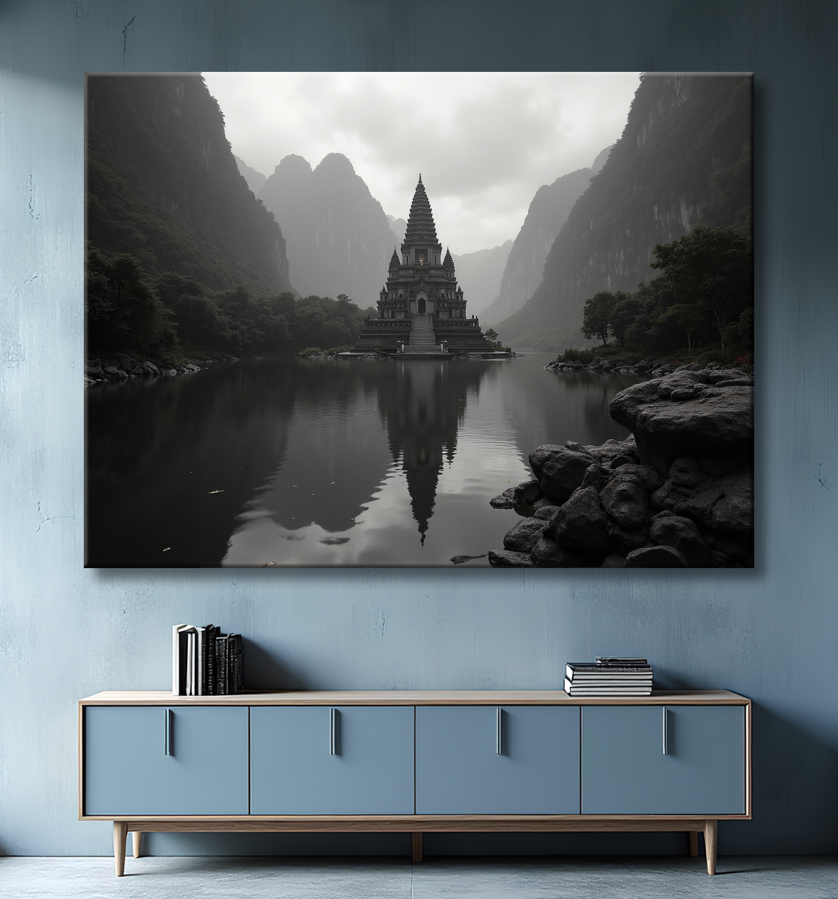 Pagode asiatique dans un paysage de montagnes avec decor