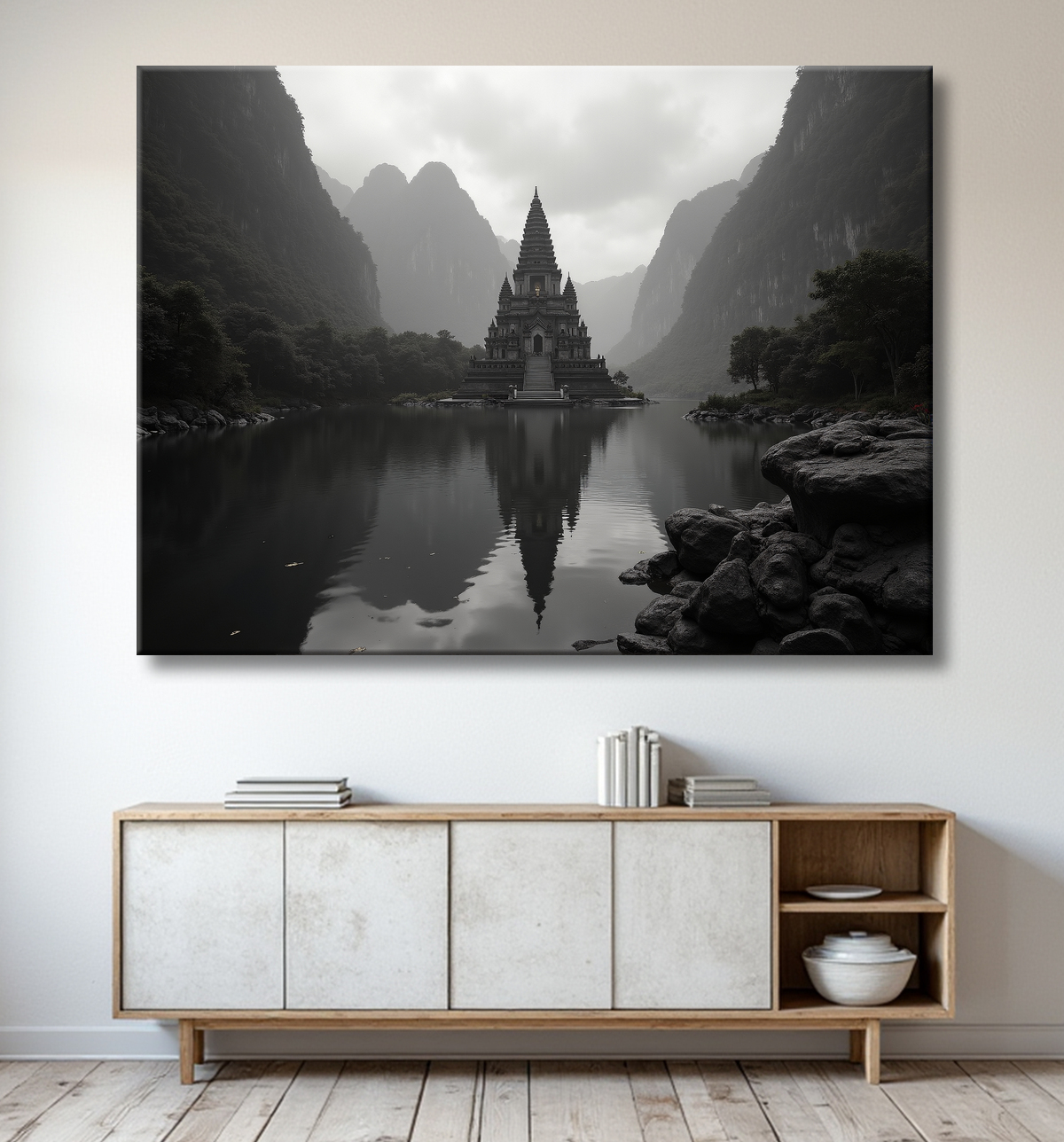 Pagode asiatique dans un paysage de montagnes avec decor