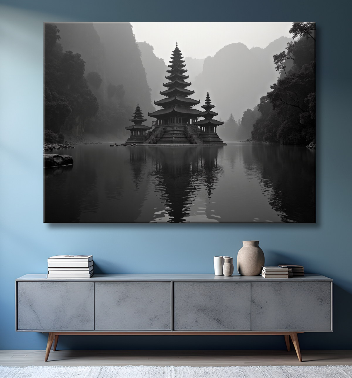 Pagode asiatique dans un paysage de montagnes avec decor