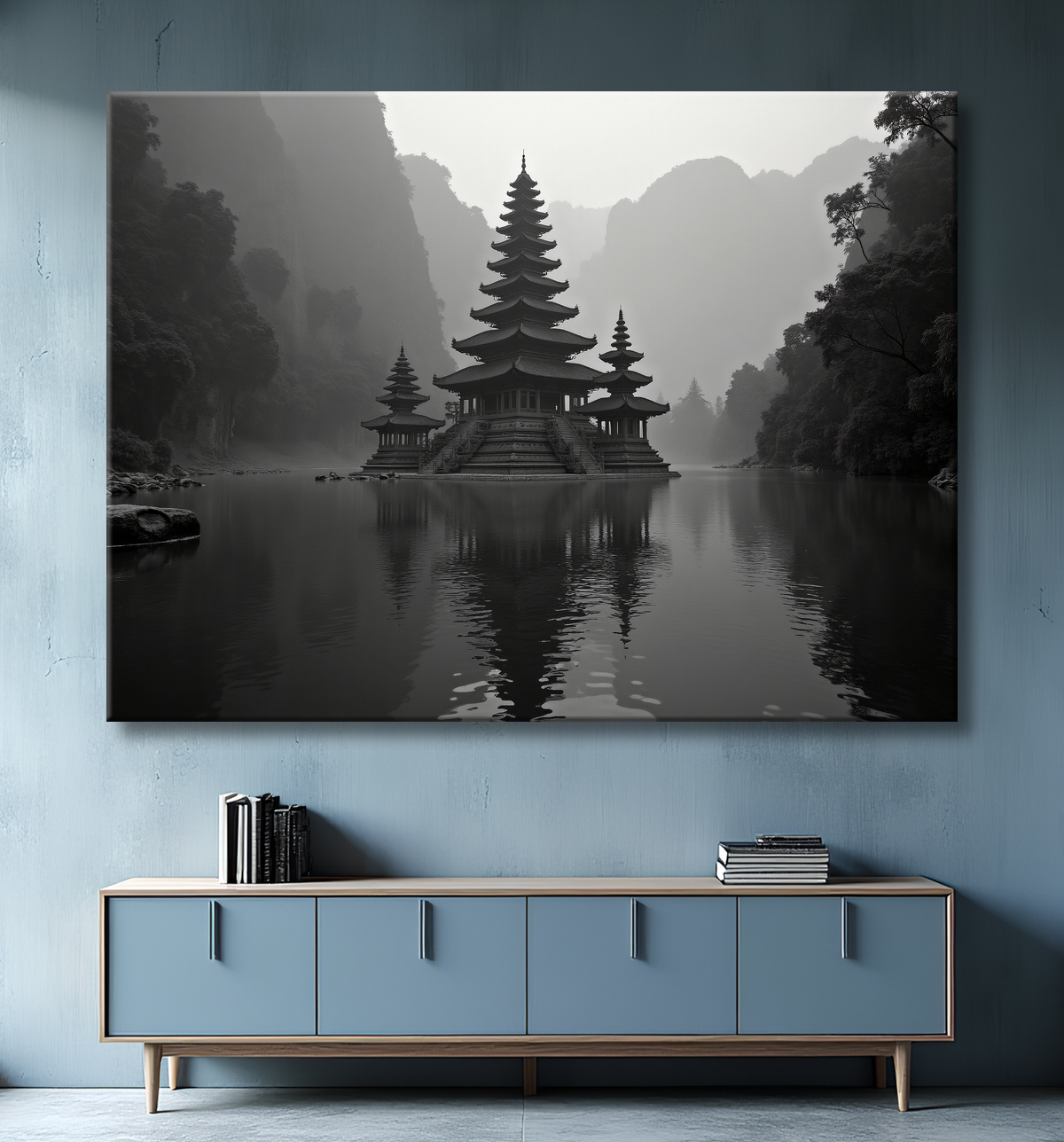 Pagode asiatique dans un paysage de montagnes avec decor