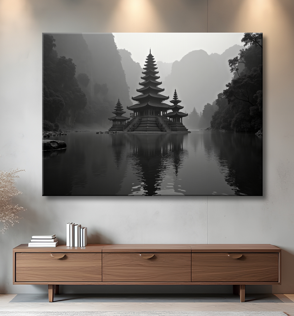 Pagode asiatique dans un paysage de montagnes avec decor