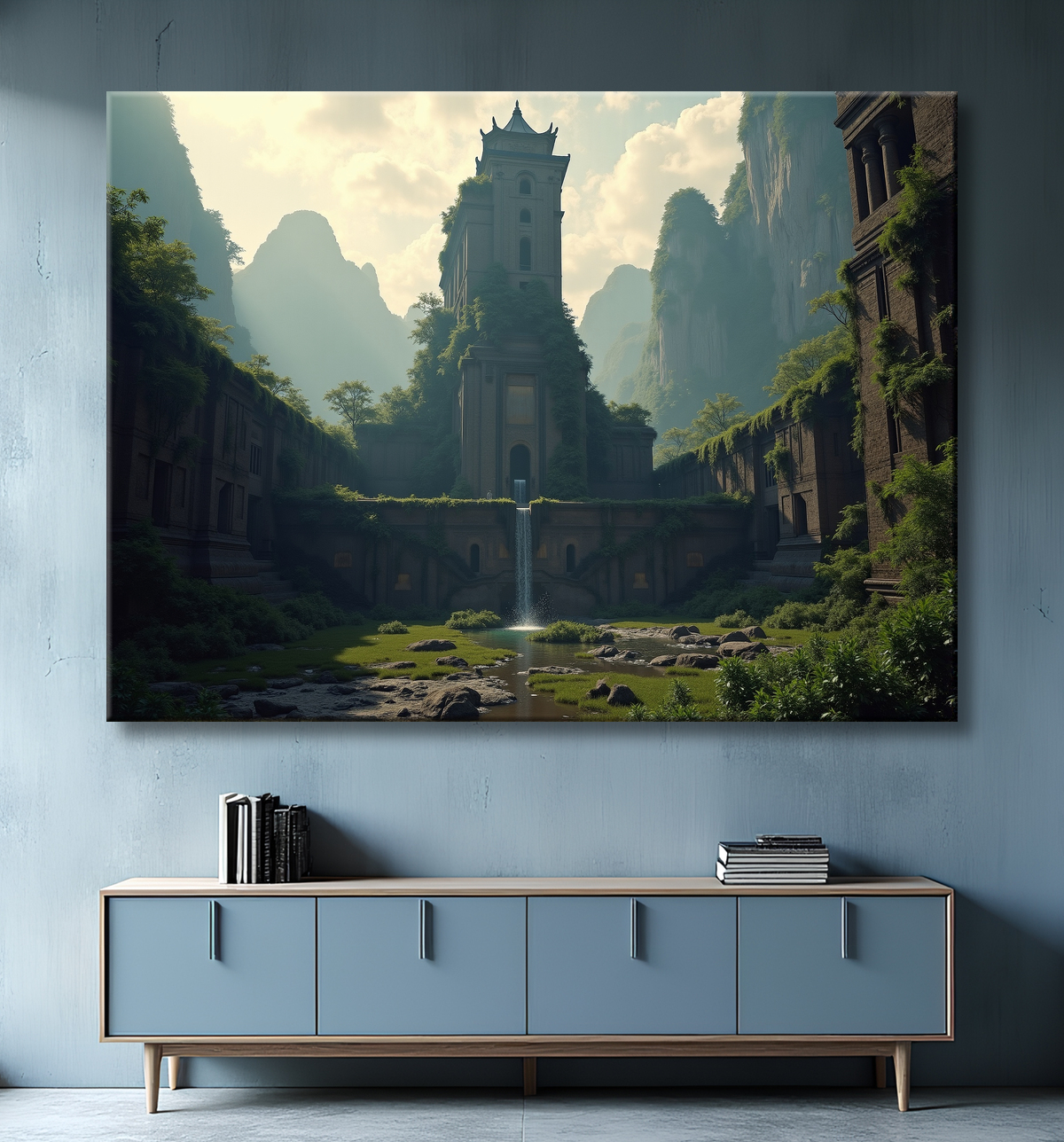 Pagode asiatique dans un paysage de montagnes avec decor