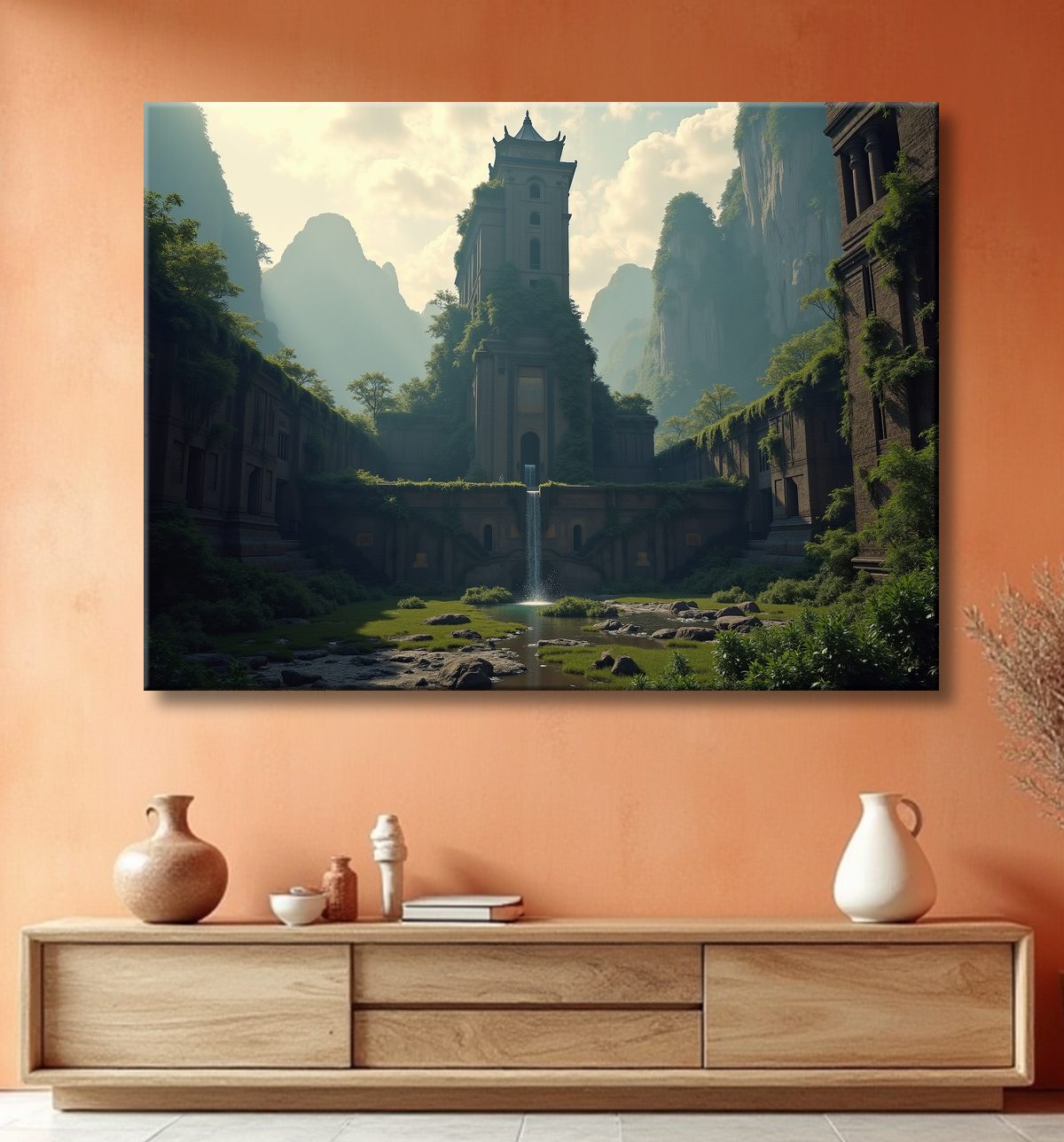 Pagode asiatique dans un paysage de montagnes avec decor
