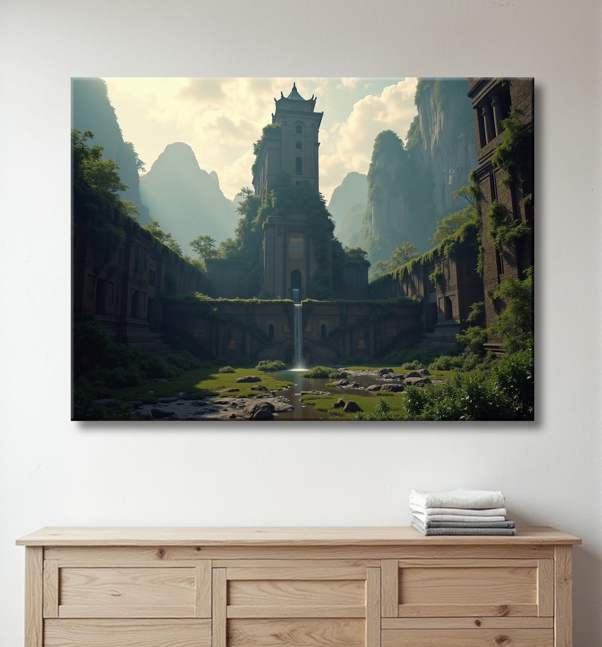 Pagode asiatique dans un paysage de montagnes avec decor