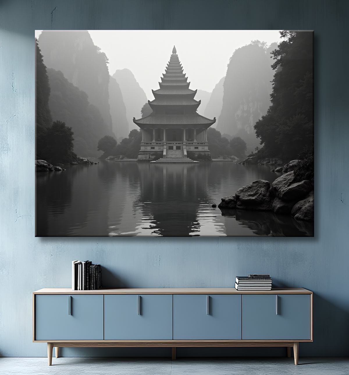 Pagode asiatique dans un paysage de montagnes avec decor