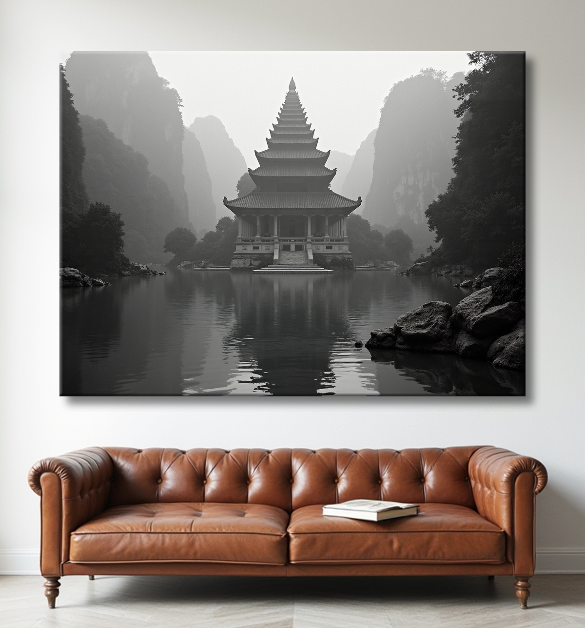 Pagode asiatique dans un paysage de montagnes avec decor
