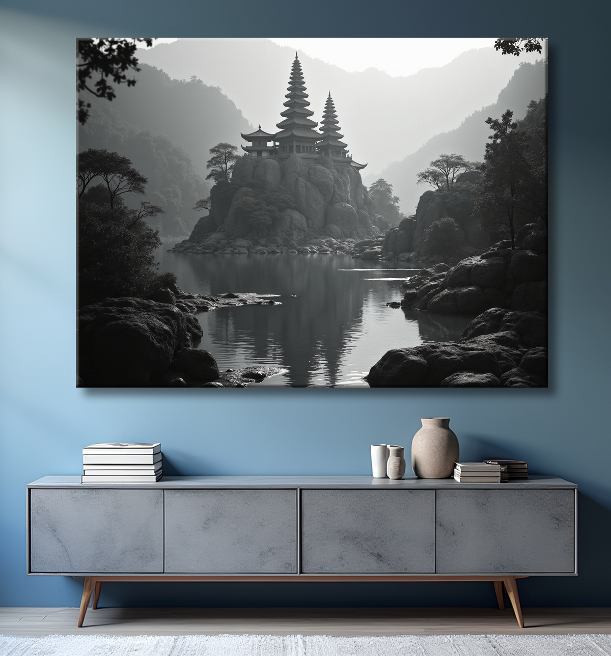 Pagode asiatique dans un paysage de montagnes avec decor