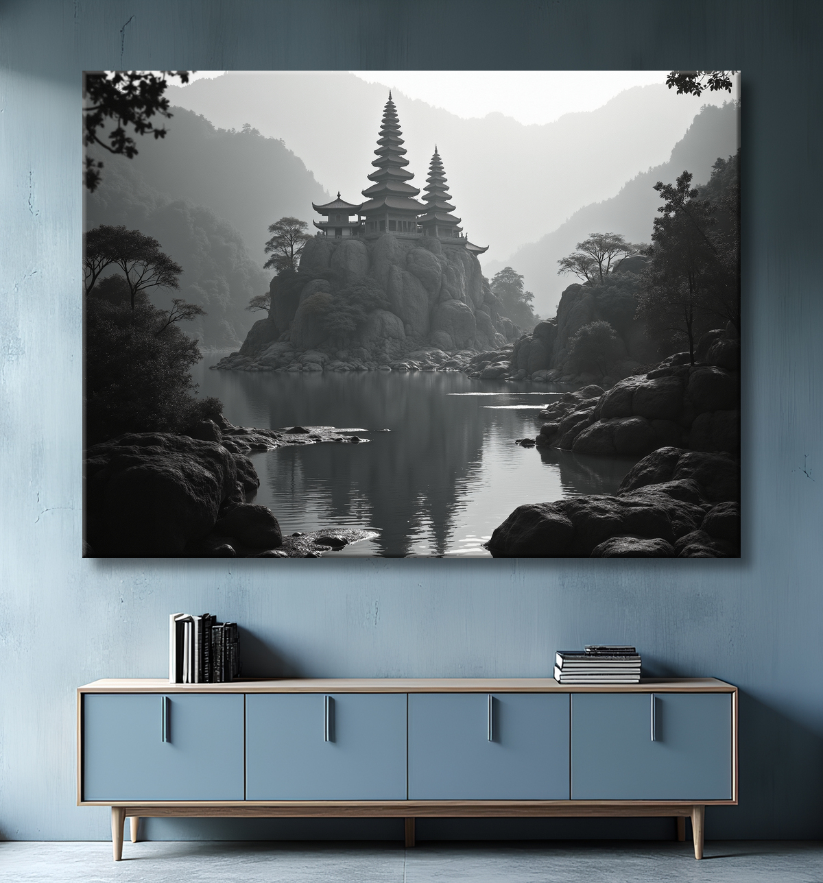 Pagode asiatique dans un paysage de montagnes avec decor