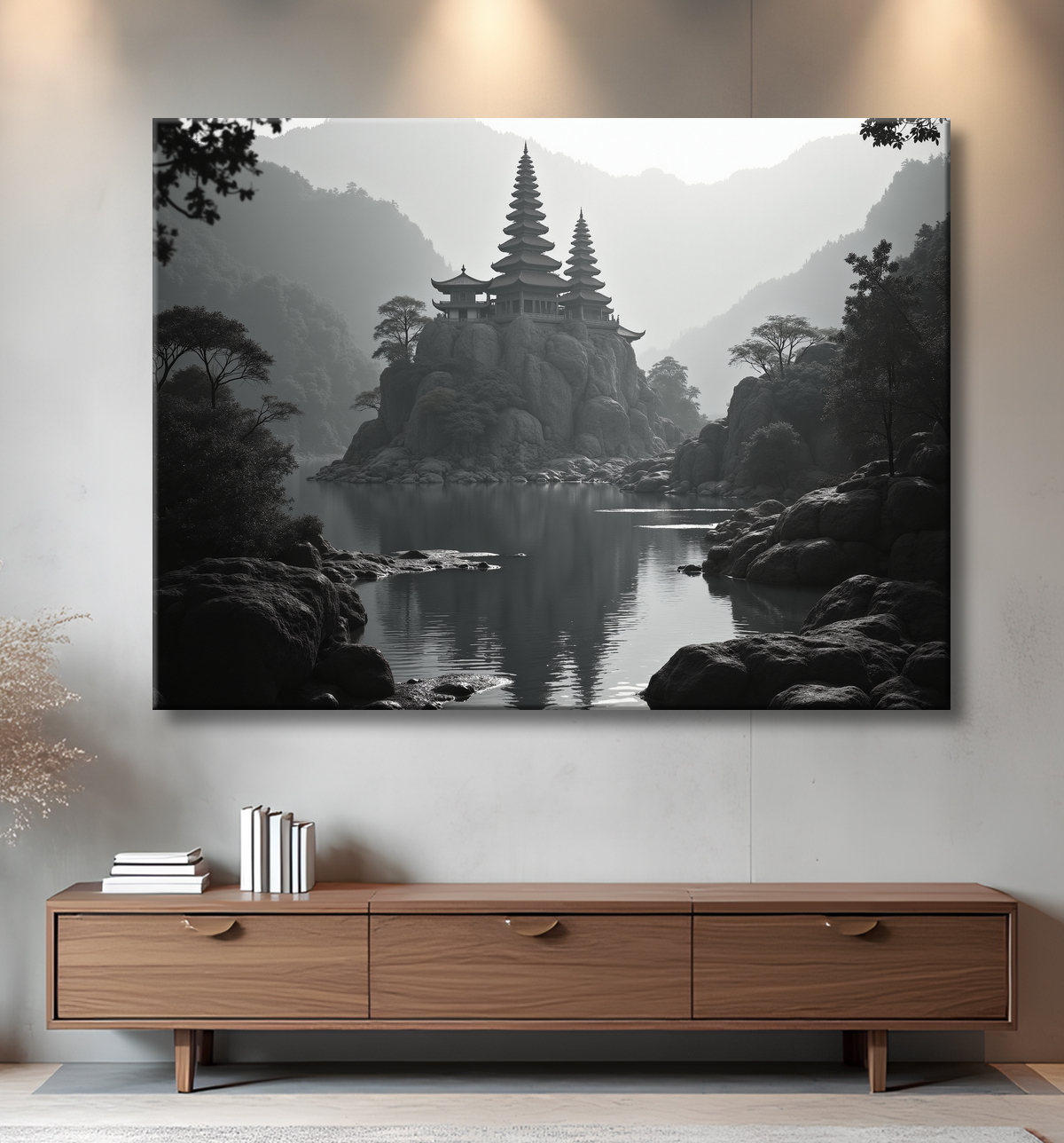 Pagode asiatique dans un paysage de montagnes avec decor