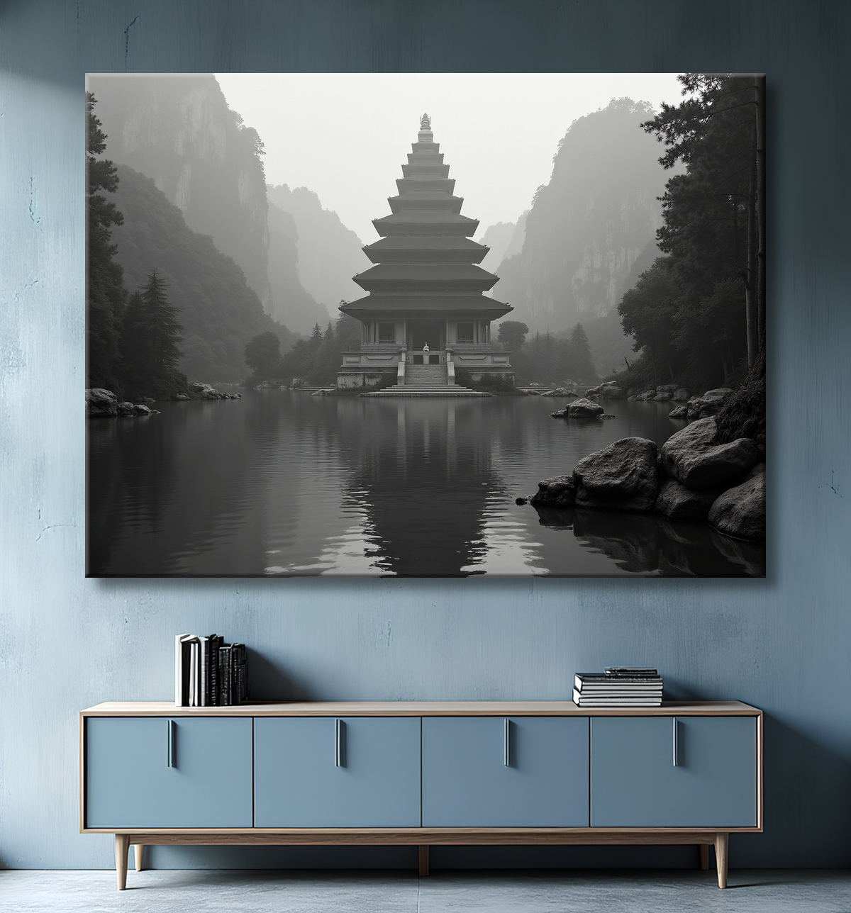 Pagode asiatique dans un paysage de montagnes avec decor