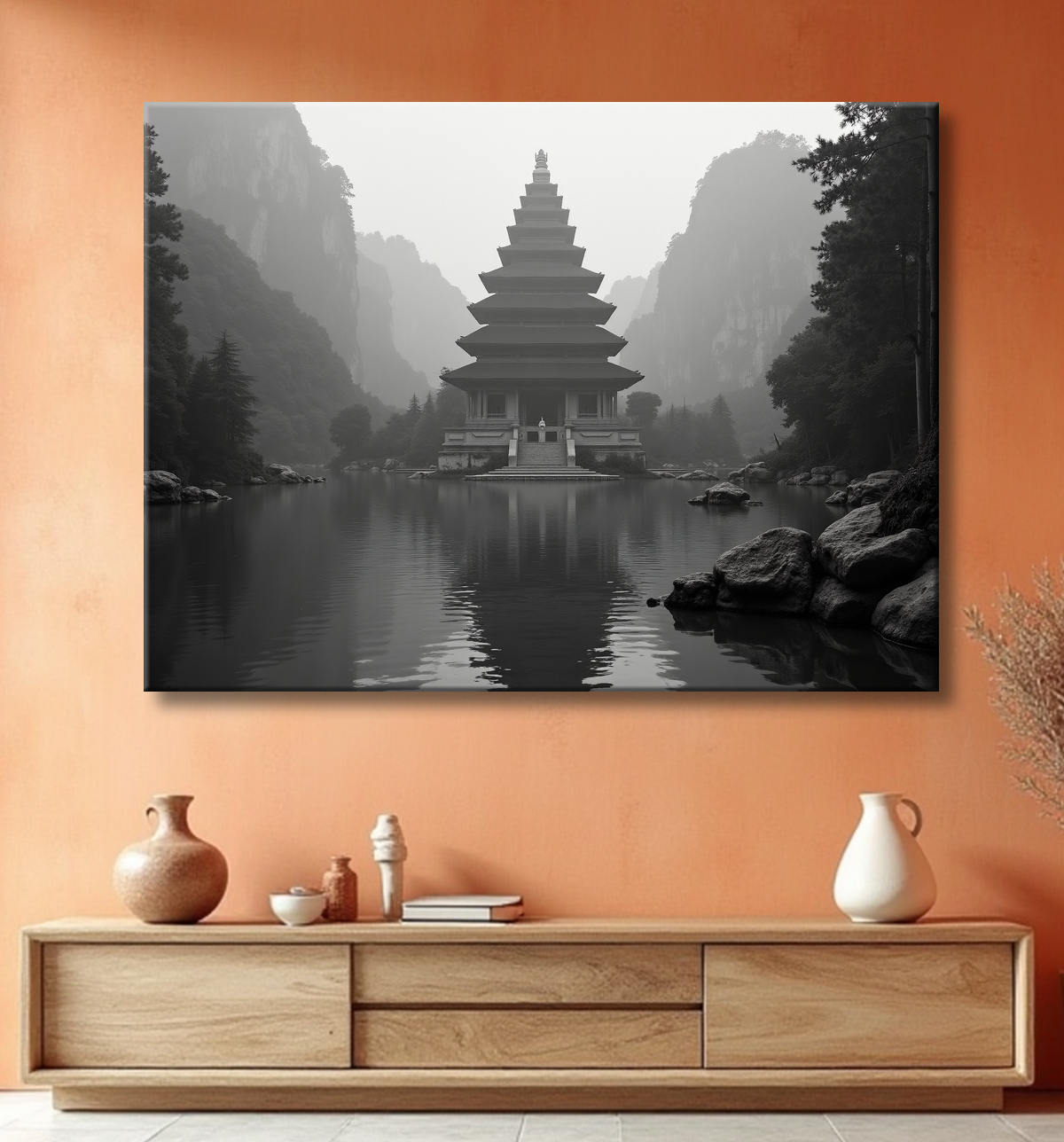 Pagode asiatique dans un paysage de montagnes avec decor