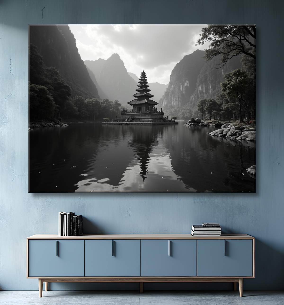 Pagode asiatique dans un paysage de montagnes avec decor