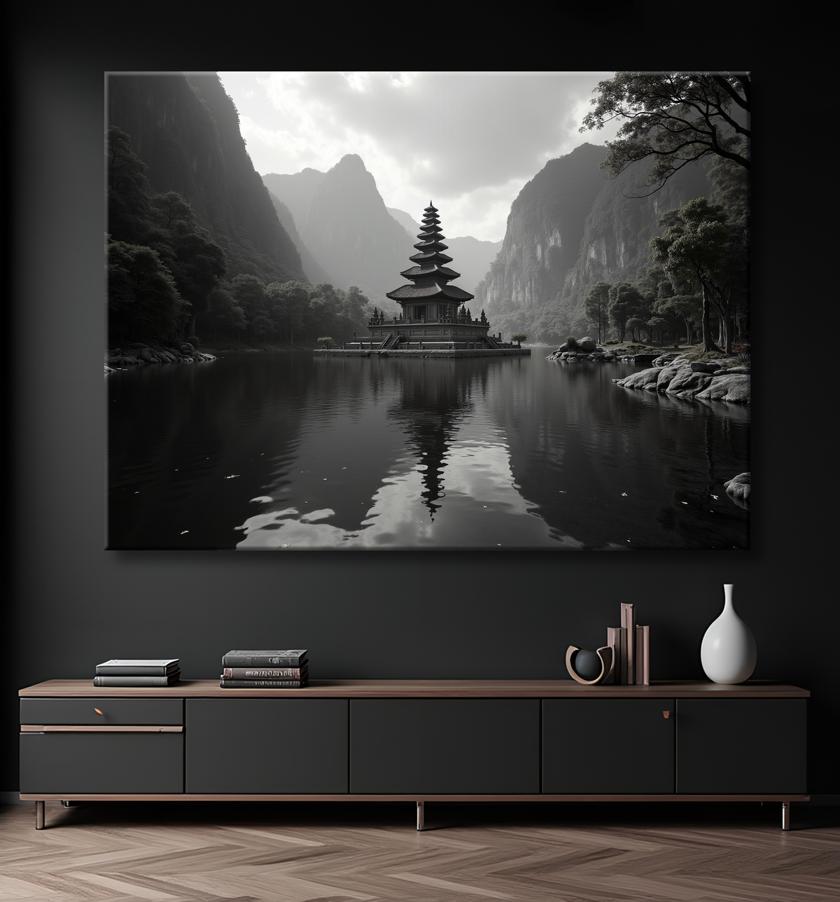 Pagode asiatique dans un paysage de montagnes avec decor