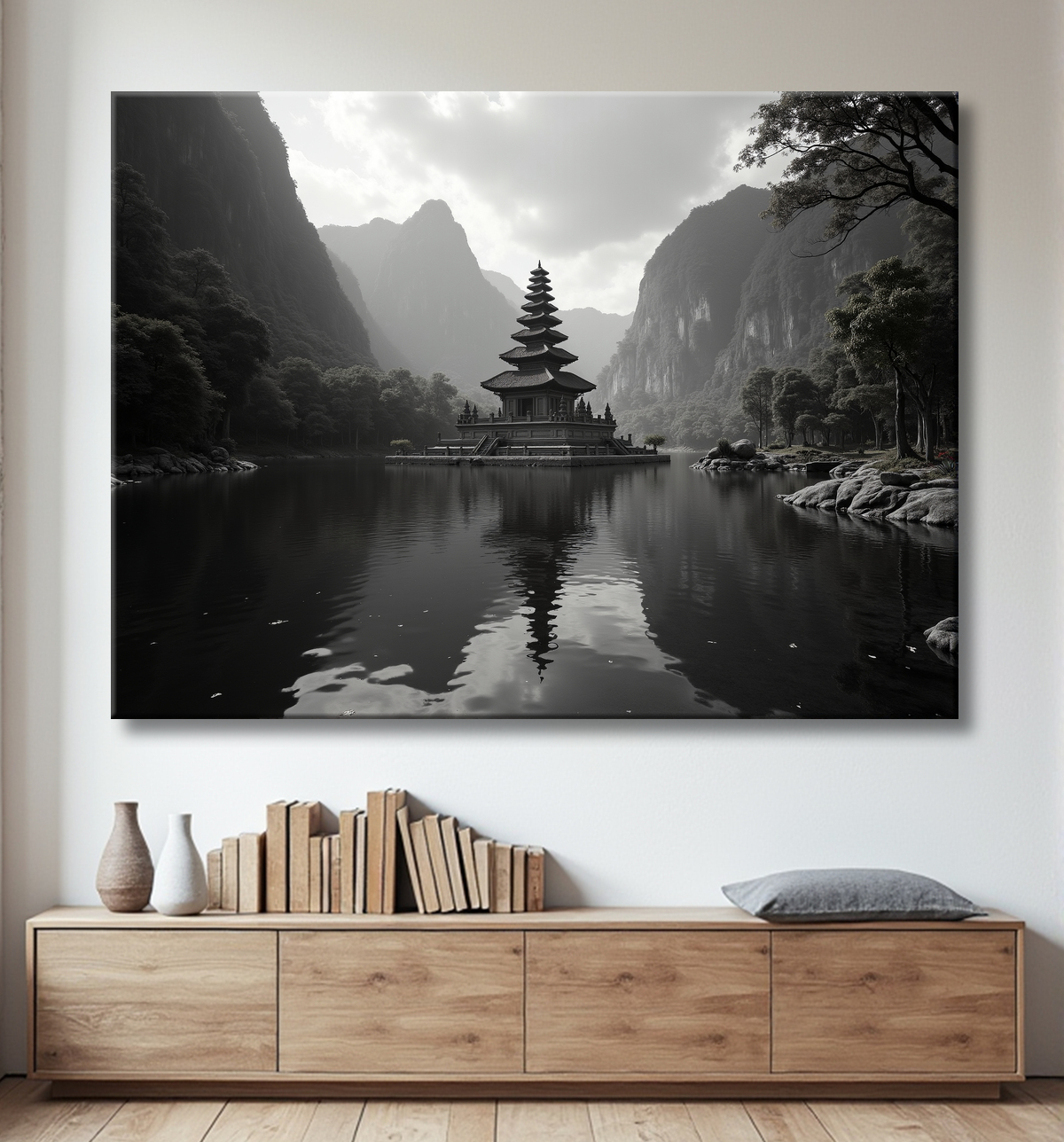 Pagode asiatique dans un paysage de montagnes avec decor