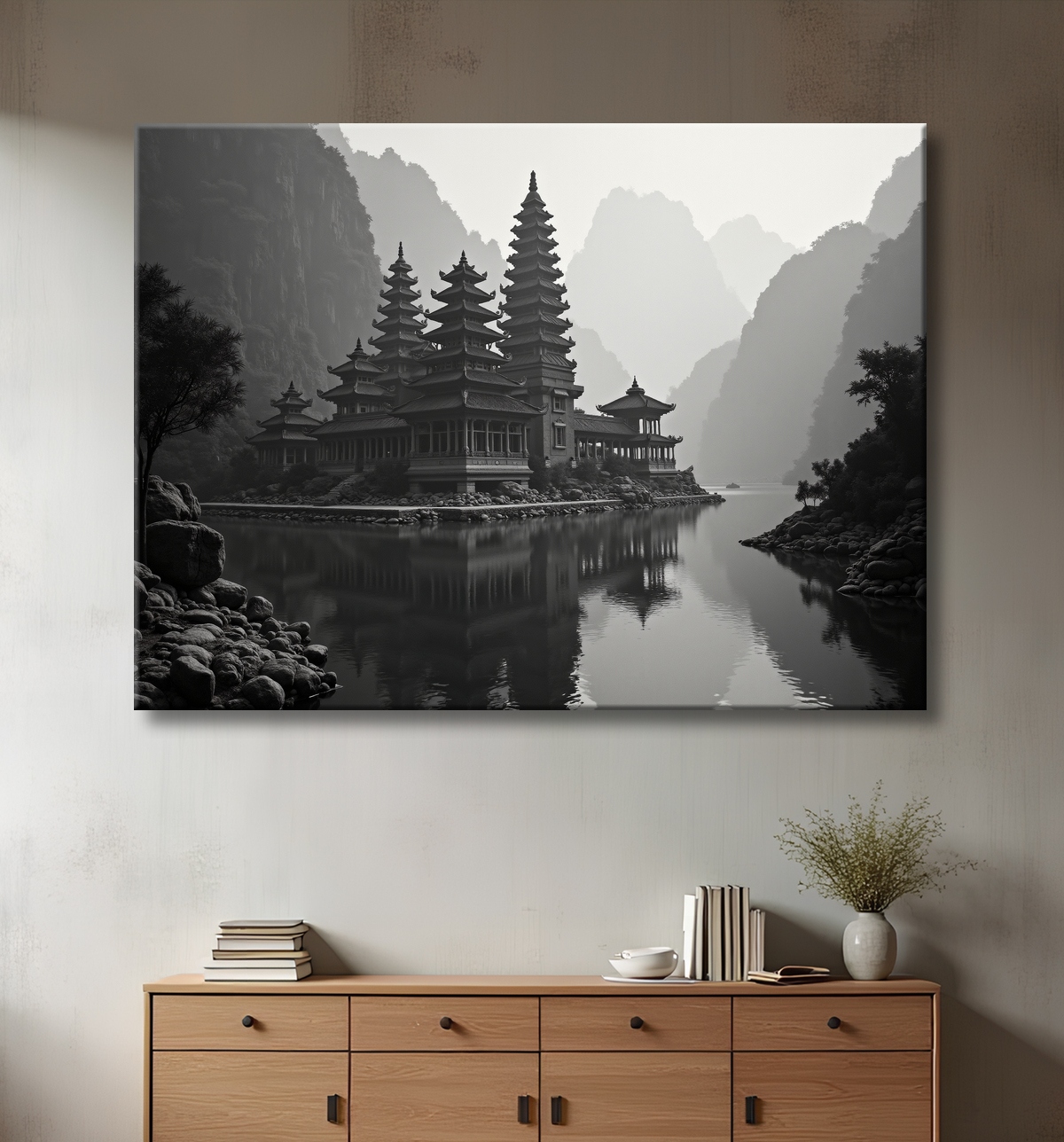 Pagode asiatique dans un paysage de montagnes avec decor