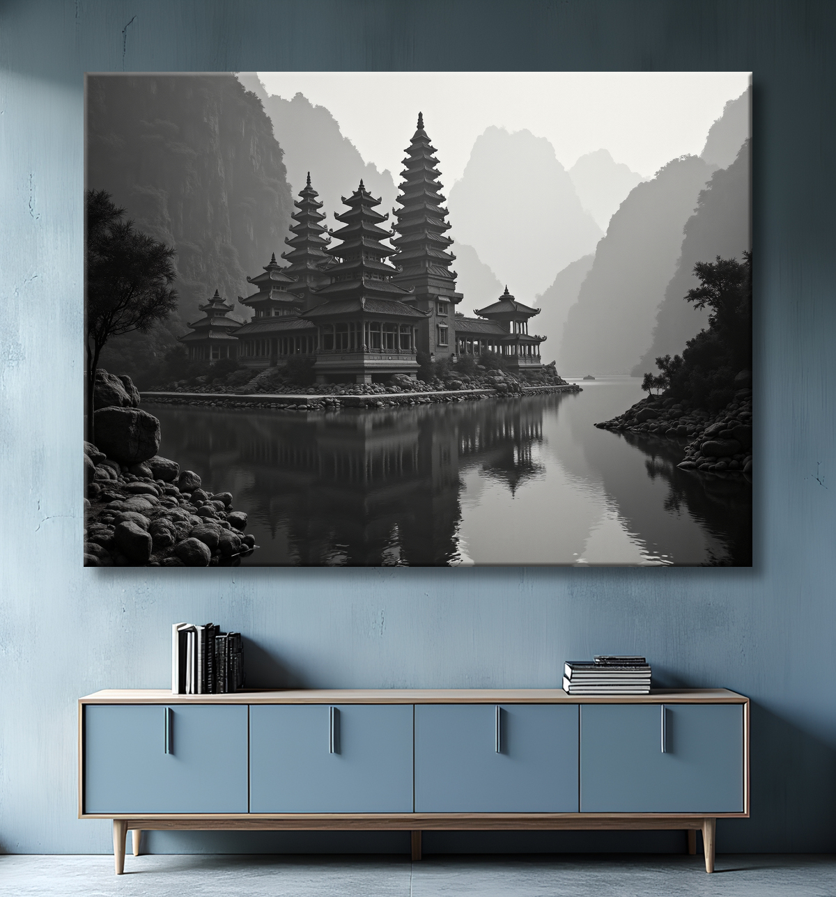 Pagode asiatique dans un paysage de montagnes avec decor