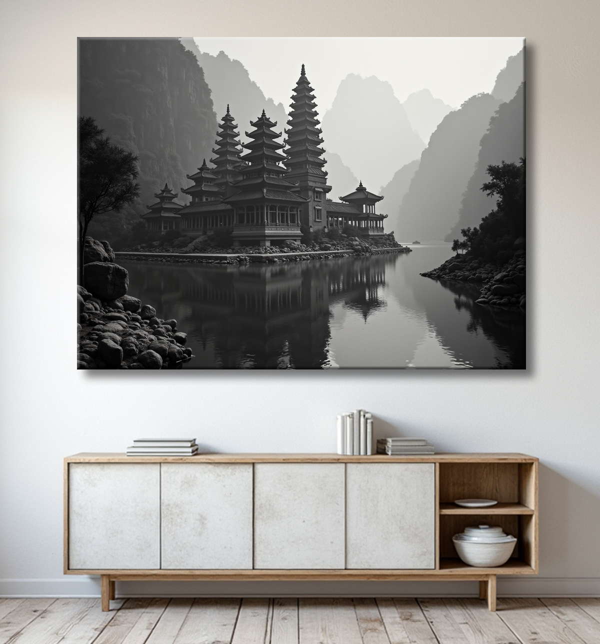 Pagode asiatique dans un paysage de montagnes avec decor